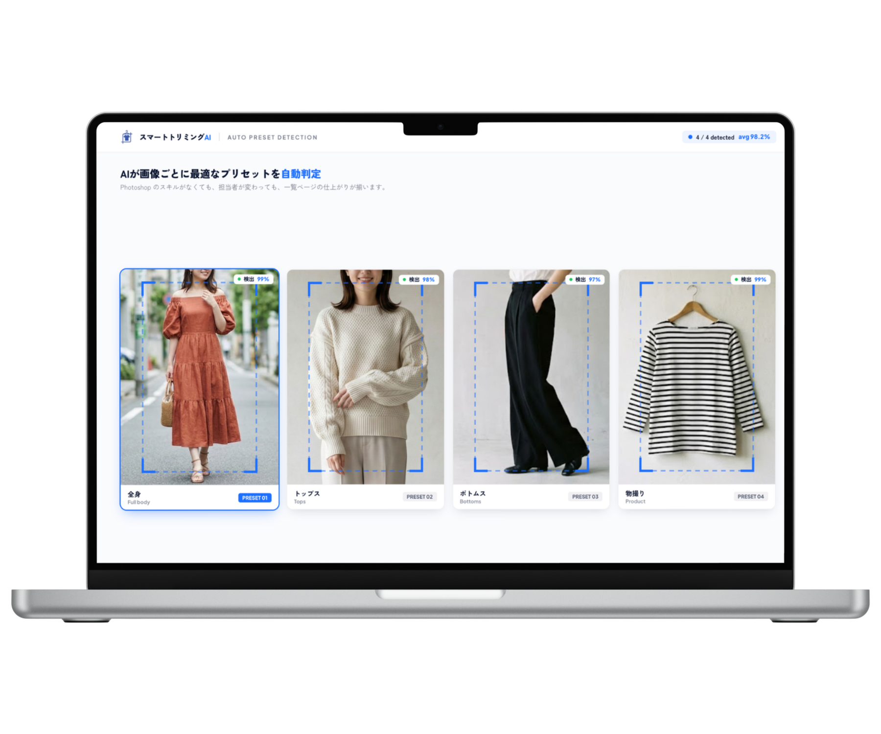 AIが画像ごとにプリセット(全身/トップス/ボトムス/物撮り)を自動判定しているアプリ画面